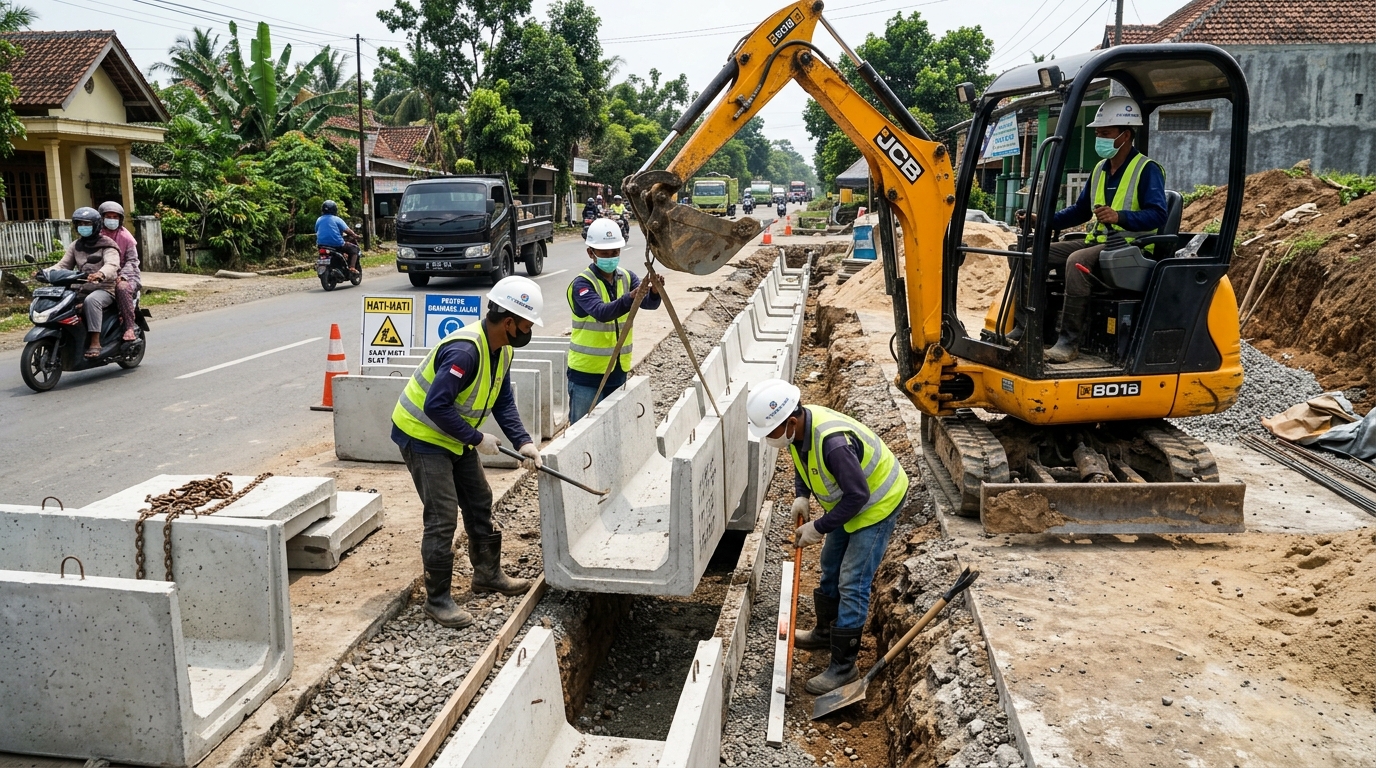 Pemasangan Saluran U-Ditch Precast di Lapangan